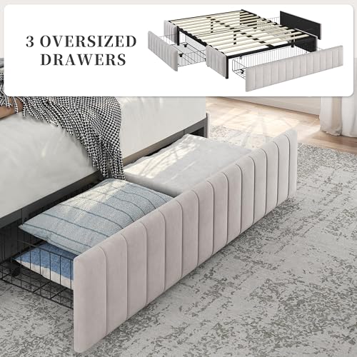 Beige Queen Upholstered Platform Bed Frame with 3 Storage Drawers L66232