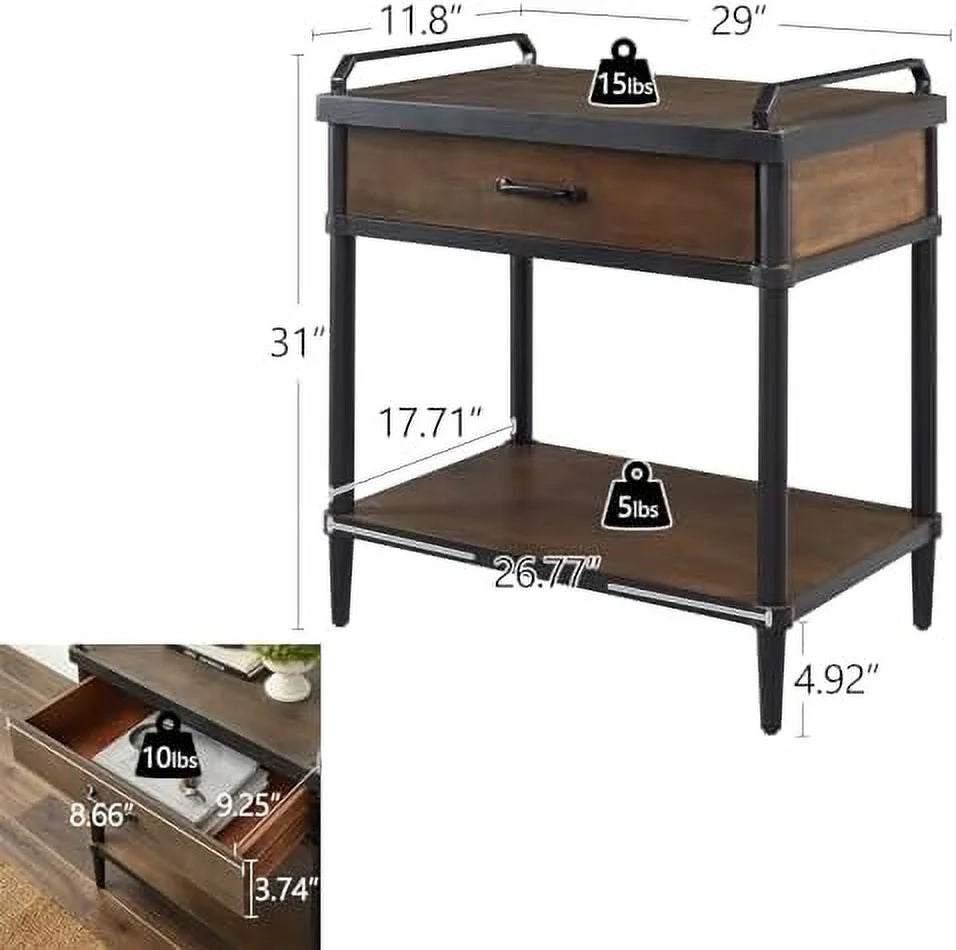 Rustic Brown and Black Nightstand with Drawer and Open Shelf O2081