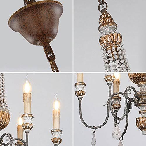 Retro Rustic 6-Light Wood Metal Crystal Candle Style Chandelier N52511