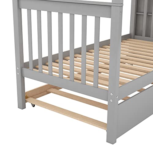 Gray Twin Over Twin Solid Wood Bunk Bed with Stairs and Trundle A438
