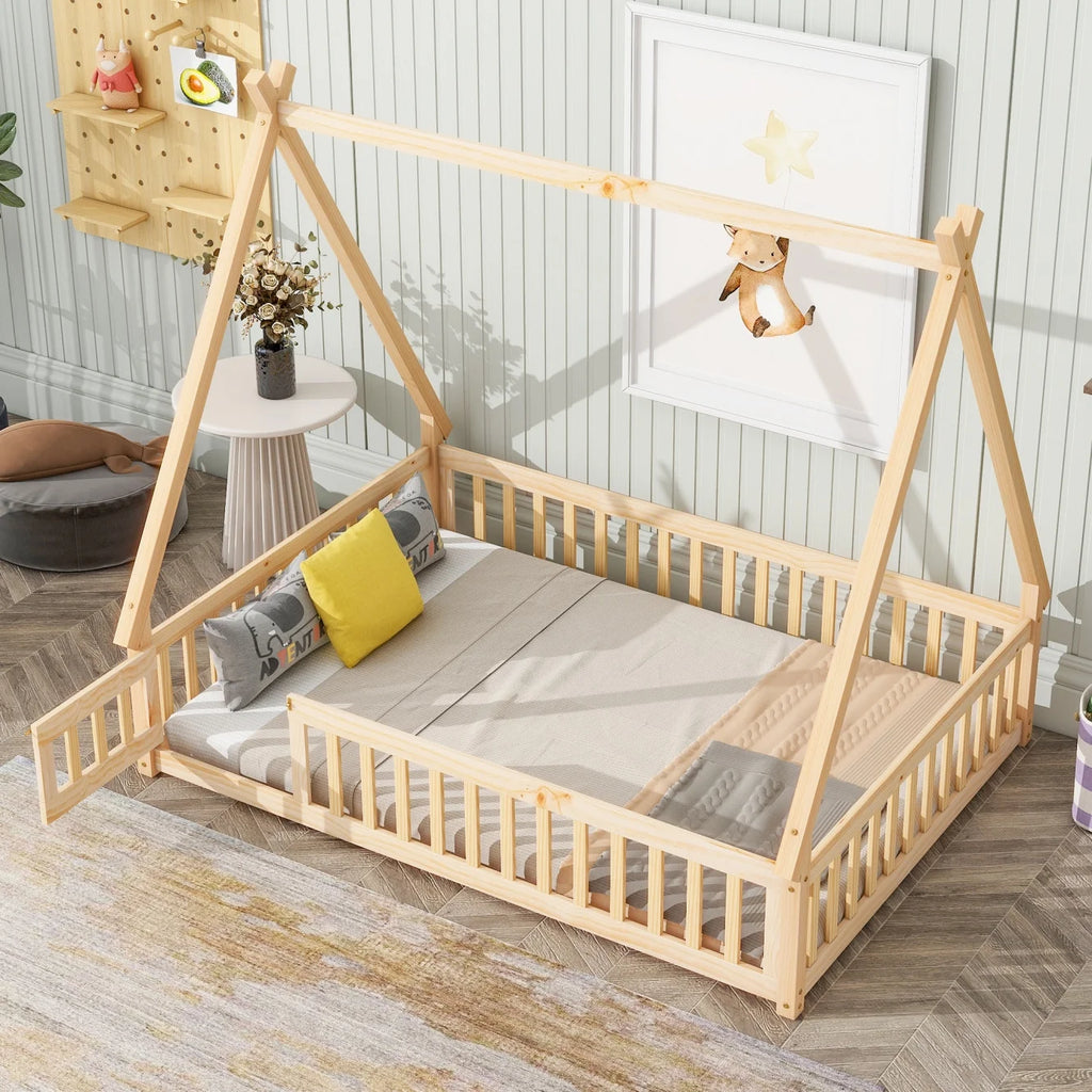 Twin Size Grey Wooden Floor Bed with Guardrail L353