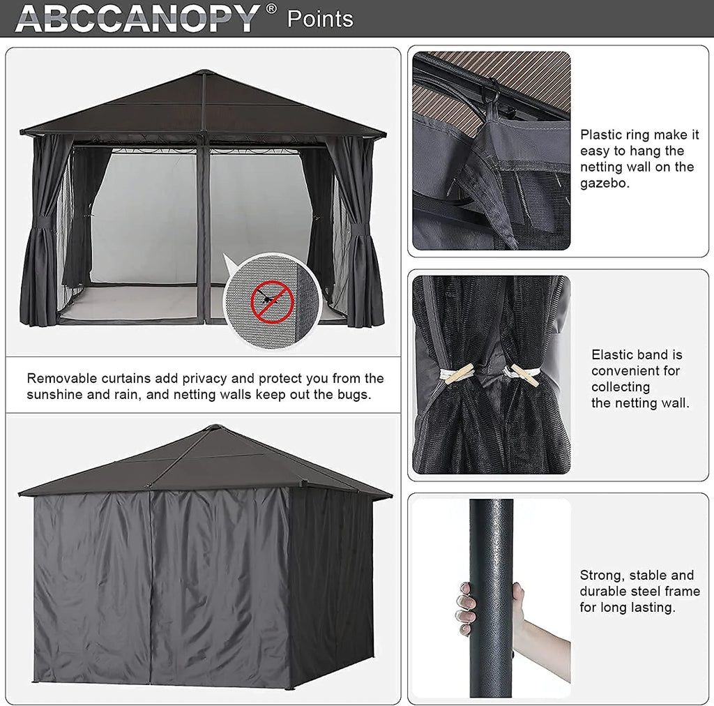 10x10 Hardtop Patio Gazebo with Netting and Screen Walls Curtains, Dark Gray W615