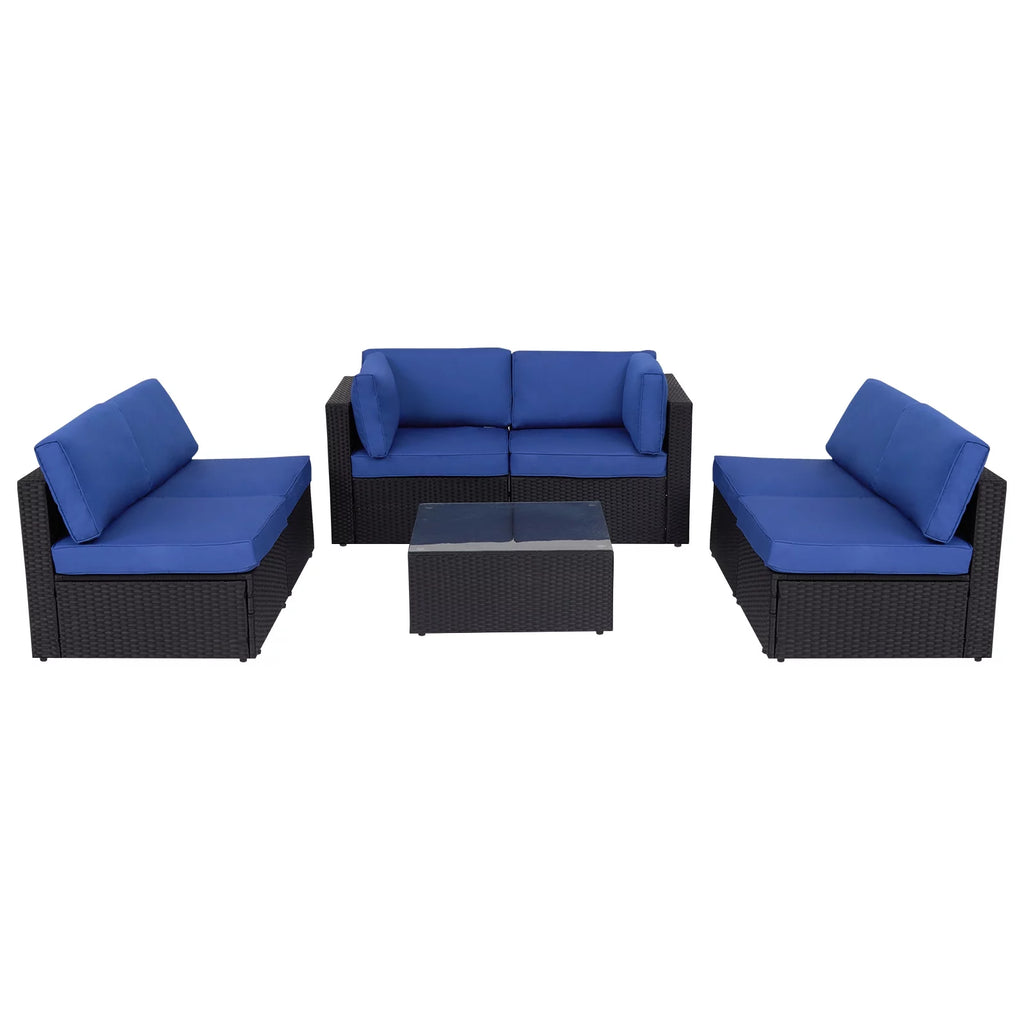 7 Pc Outdoor Rattan Wicker Sectional Sofa Set with Dark Blue Cushions Z334365
