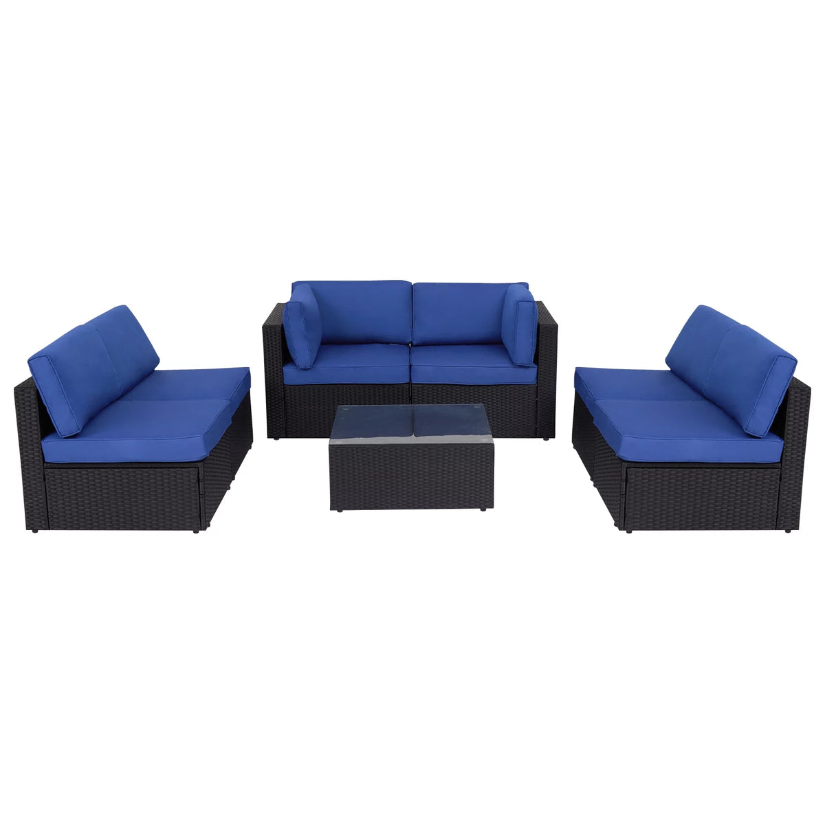 7 Pc Outdoor Rattan Wicker Sectional Sofa Set with Dark Blue Cushions Z334365