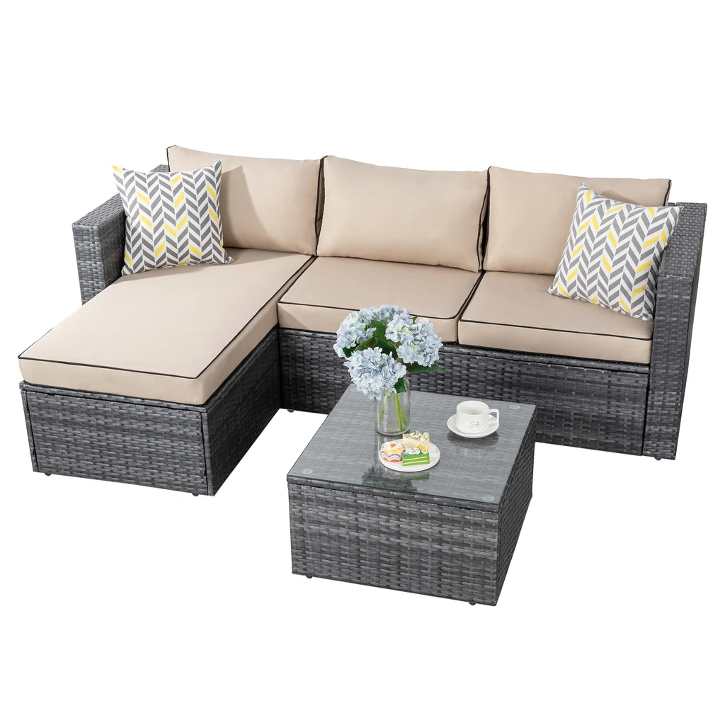 3 Piece Aegean Blue Black Rattan Wicker Sectional Sofa V611
