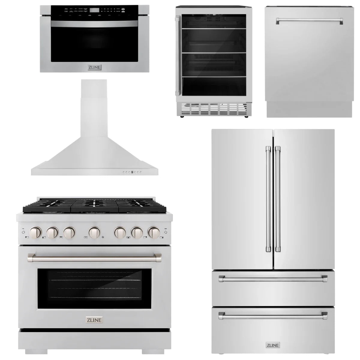 36 Gas Range, Range Hood, Refrigerator, Microwave Drawer, Dishwasher and Beverage Fridge E825090