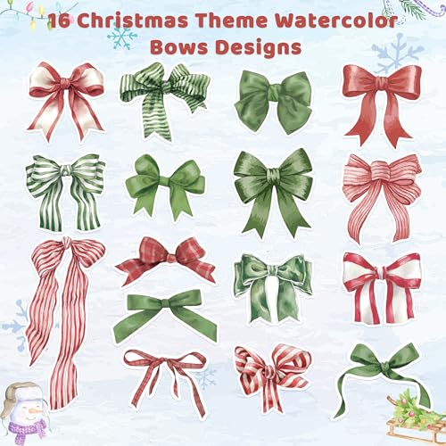 Christmas Watercolor Bow Roll Stickers 1000Pcs Red Green Vinyl Decals B34110