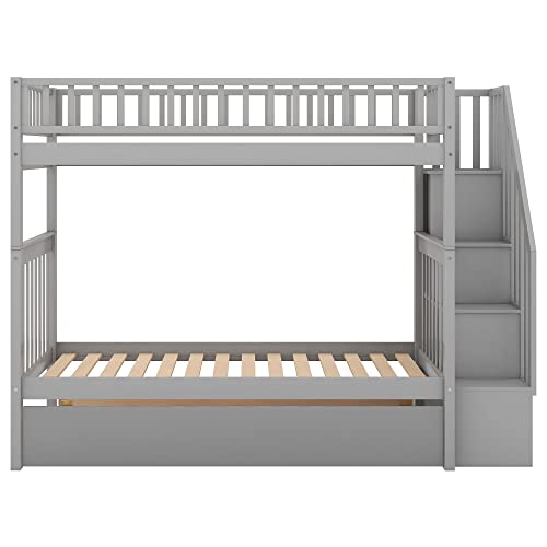 Gray Twin Over Twin Solid Wood Bunk Bed with Stairs and Trundle A438