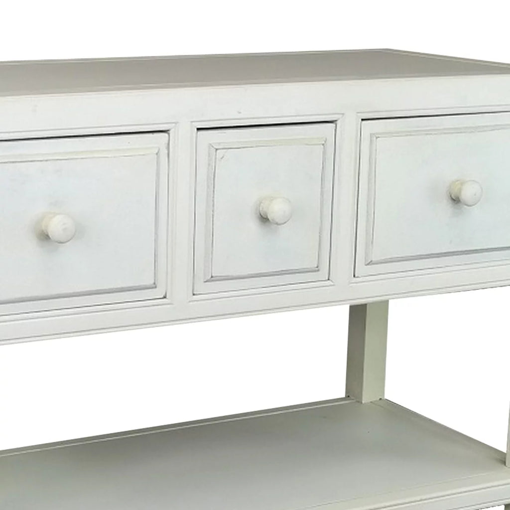 34 Inch White Wood Console Table with 3 Drawers and 2 Shelves O457