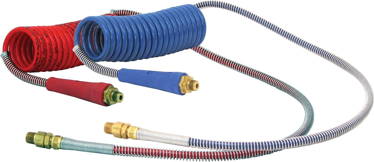 15 ft. Tractor-Trailer Air Brake Hose Coil Set, Red & Blue, 1/2” NPT Fittings, Pack of 2 F352