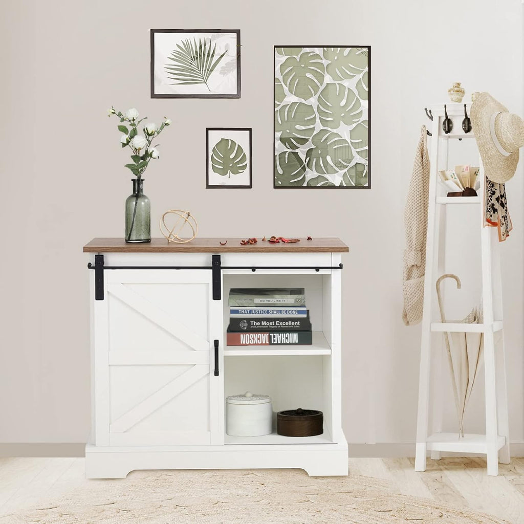 White Farmhouse Storage Chest with Sliding Barn Door and Metal Knob Y76895