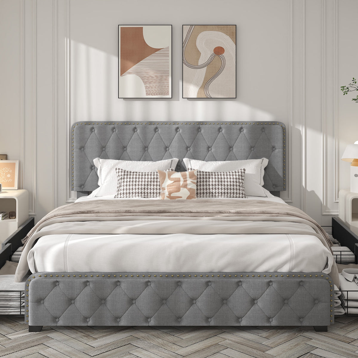 Queen Size Platform Bed Frame with 4 Storage Drawers P8374