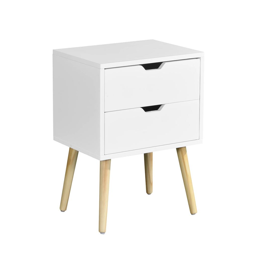 White 2 Drawer Side Table with Rubber Wood Legs E2239