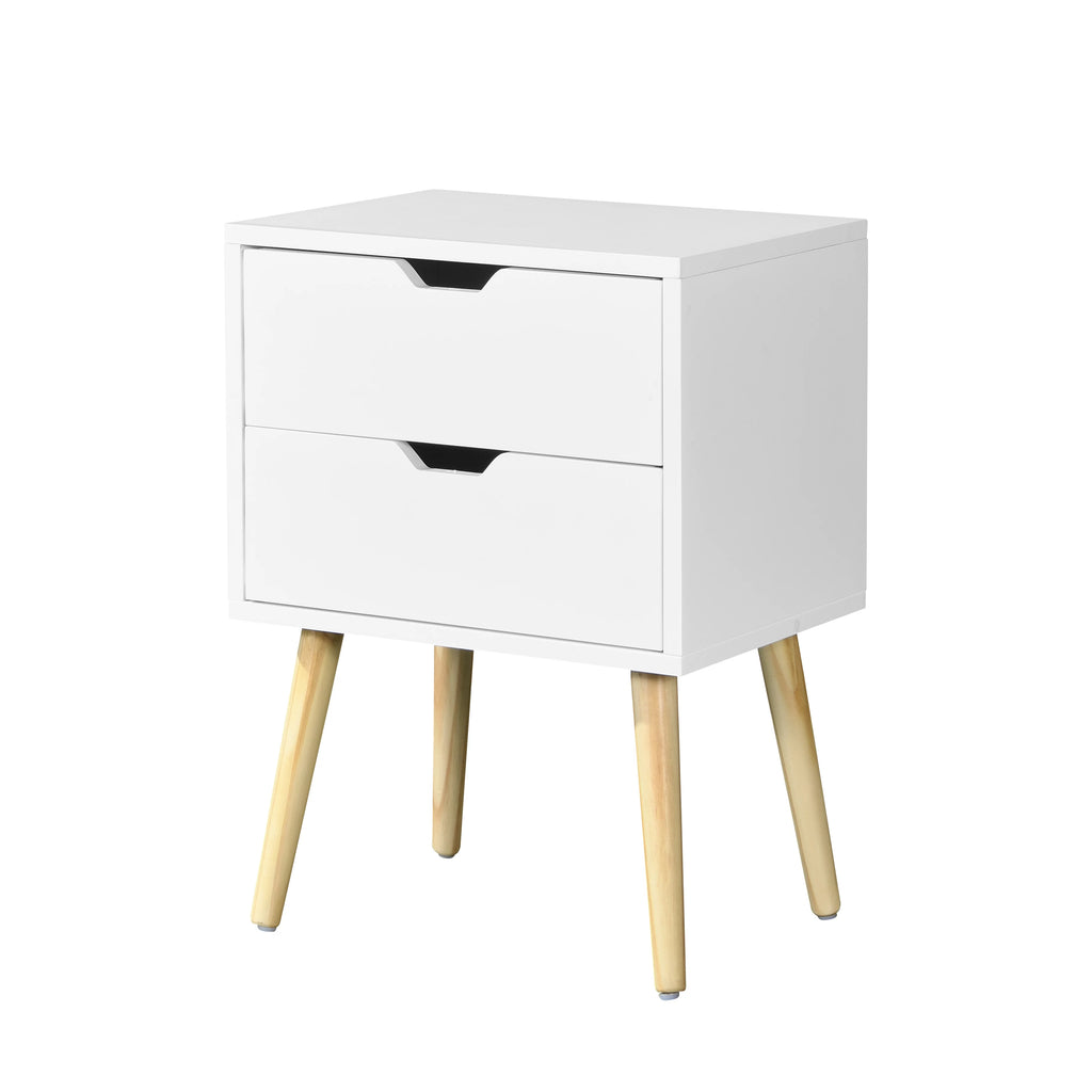 White 2 Drawer Side Table with Rubber Wood Legs E2239