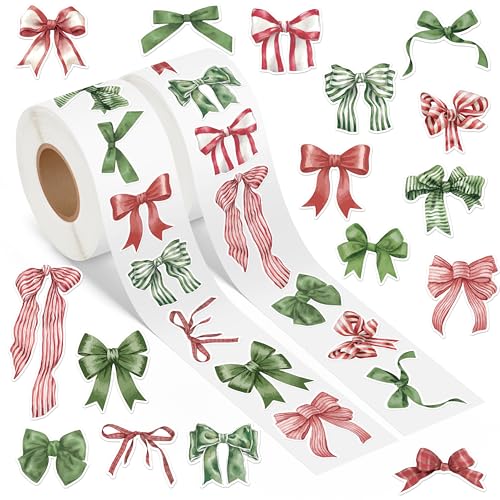 Christmas Watercolor Bow Roll Stickers 1000Pcs Red Green Vinyl Decals B34110