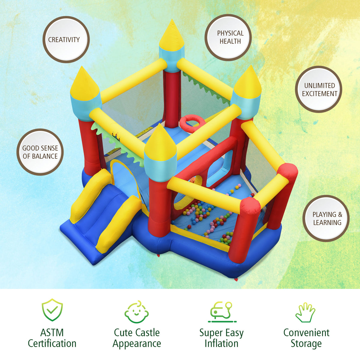 Inflatable Bounce House Slide with Tunnels Ball Pit and 480W Blower A235704
