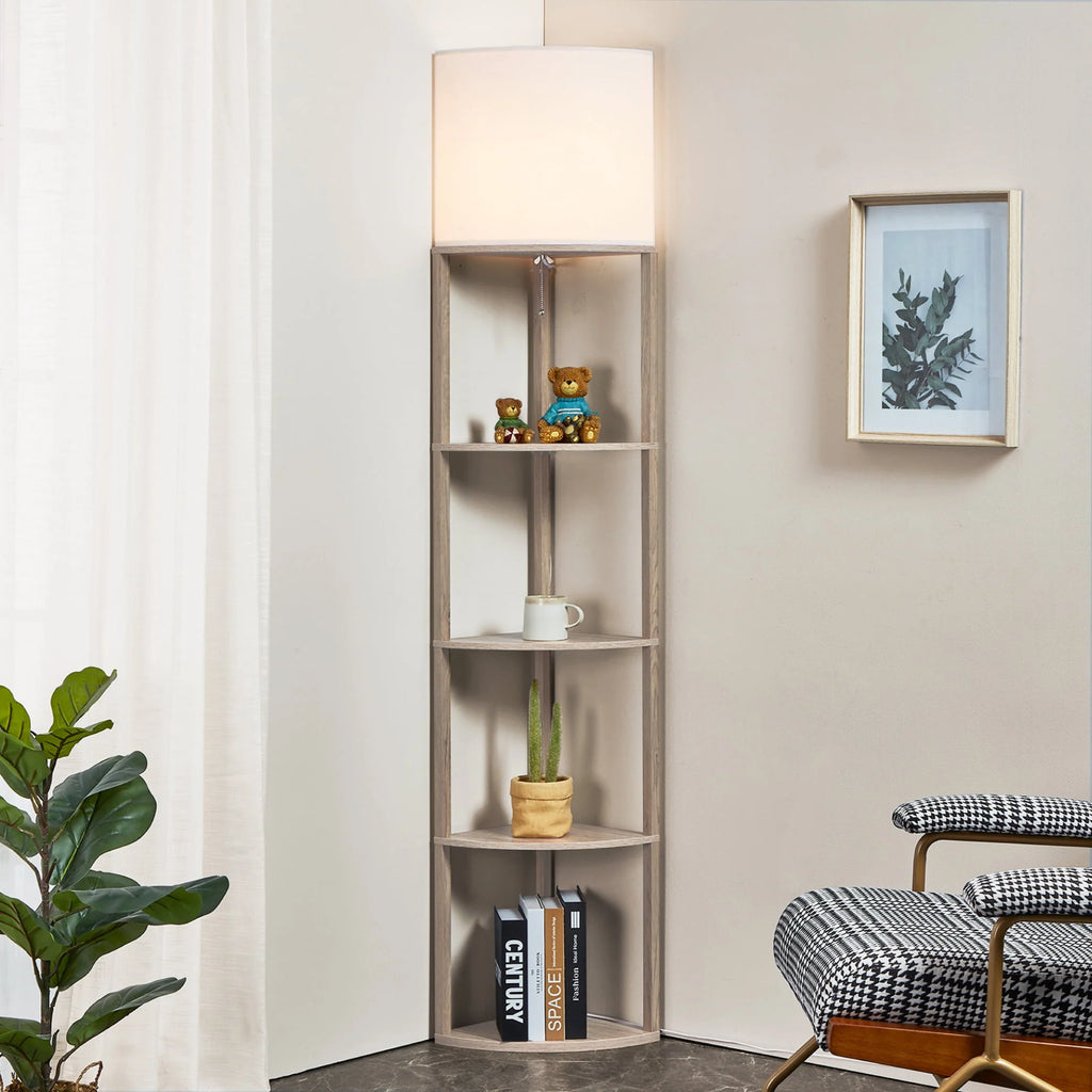Tall Modern Corner Floor Lamp with Shelves, Natural Wood, 72 Z673050