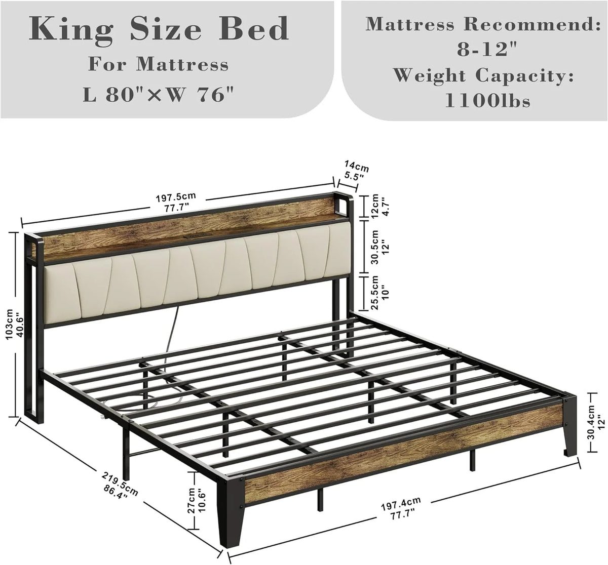 King Bed Frame with Storage Headboard and Charging Station R71304
