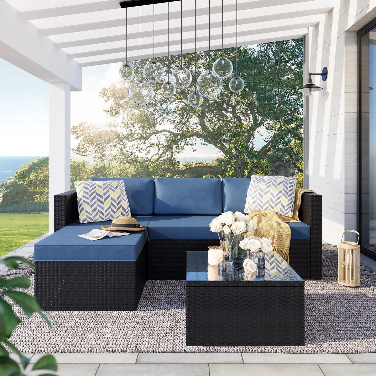 3 Piece Aegean Blue Black Rattan Wicker Sectional Sofa V611