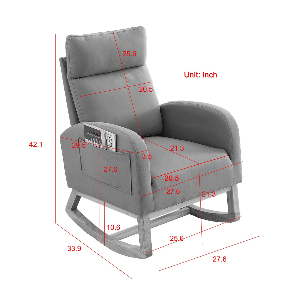 White Fabric Upholstered Rocking Chair with Solid Wood Base and 2 Side Pockets Y5266