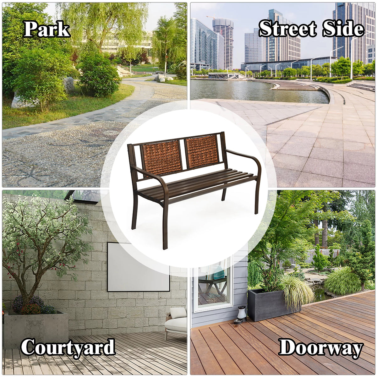 Patio Garden Bench Steel Frame Rattan Backrest P293