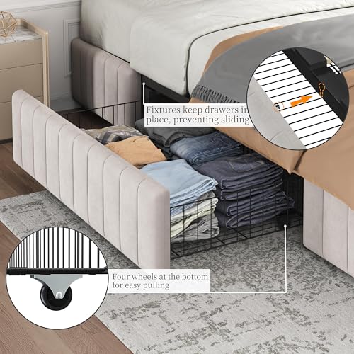 Beige Queen Upholstered Platform Bed Frame with 3 Storage Drawers L66232