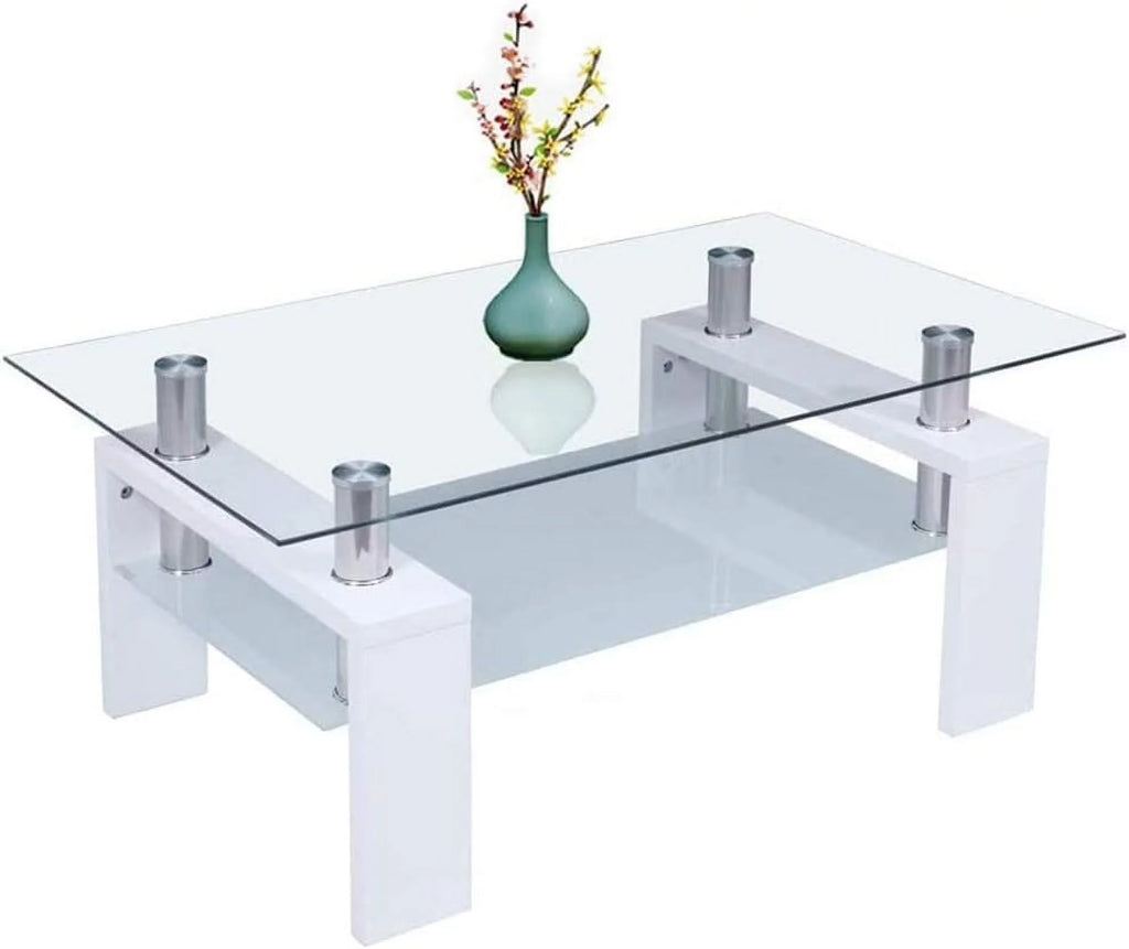 White Glass Coffee Table with Lower Shelf Wooden Legs F140