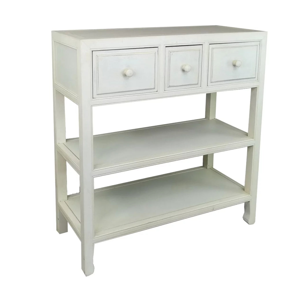 34 Inch White Wood Console Table with 3 Drawers and 2 Shelves O457