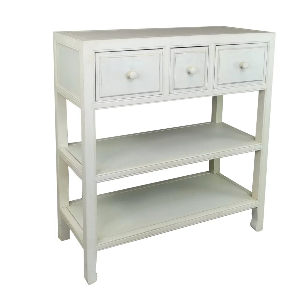 34 Inch White Wood Console Table with 3 Drawers and 2 Shelves O457