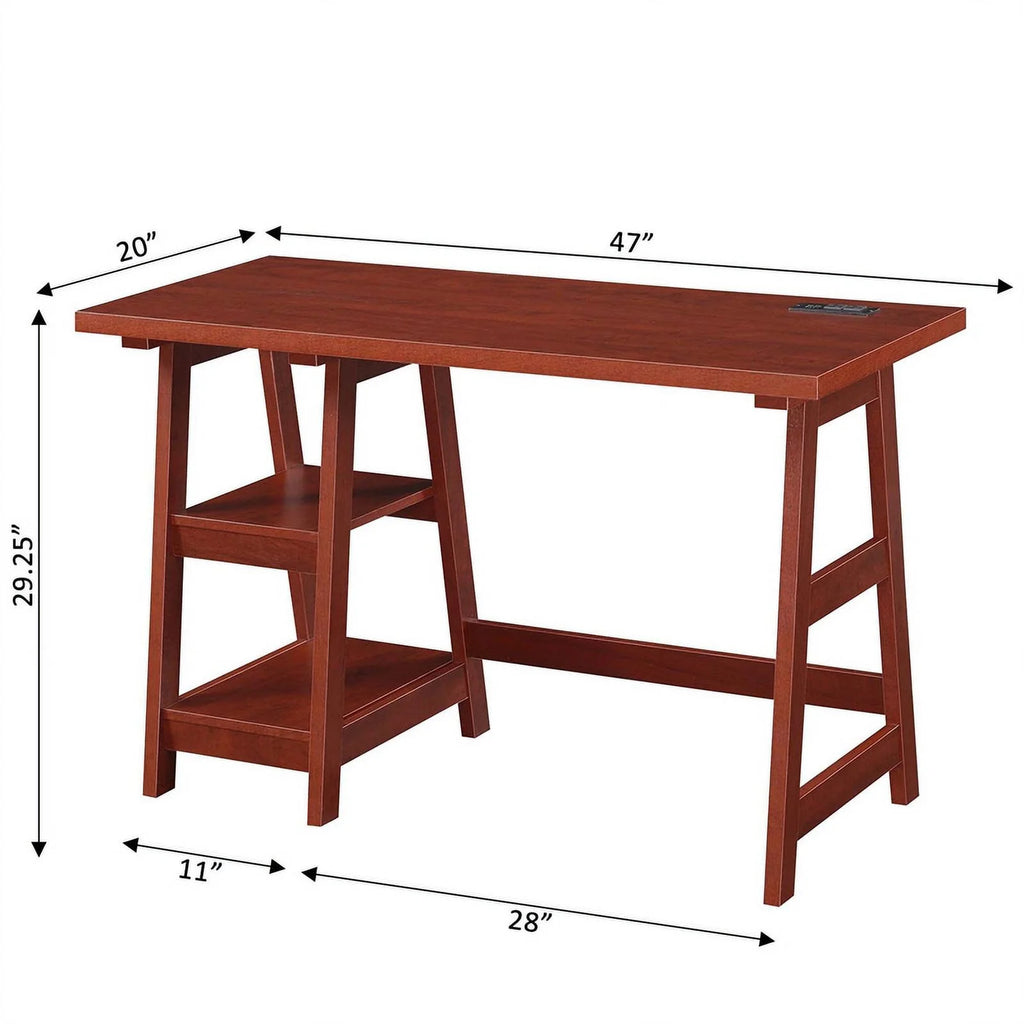 Cherry Wood Trestle Desk with Charging Station and Shelves S792
