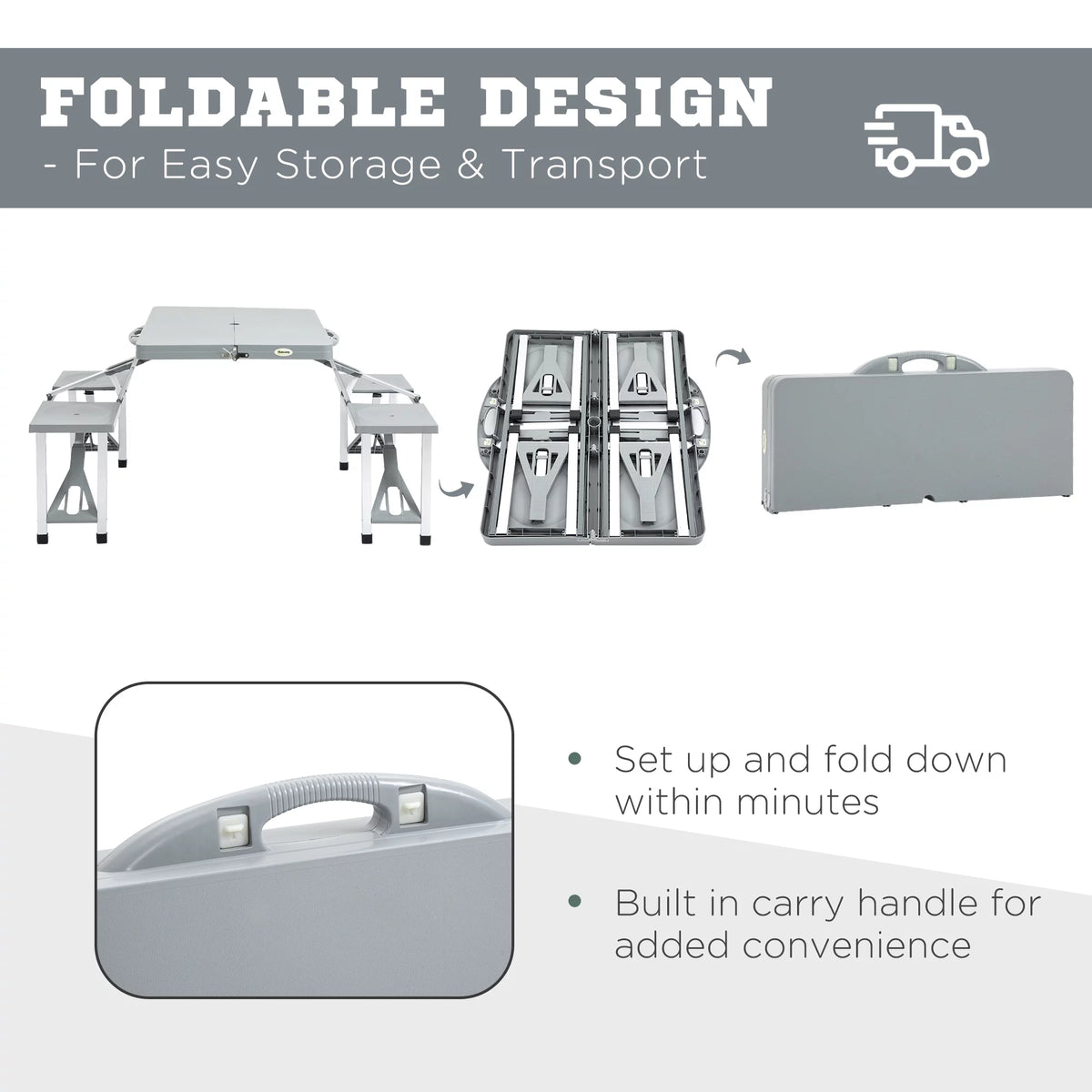 Portable Foldable 4-Person Picnic Table with Seats and Umbrella Hole, Grey H503