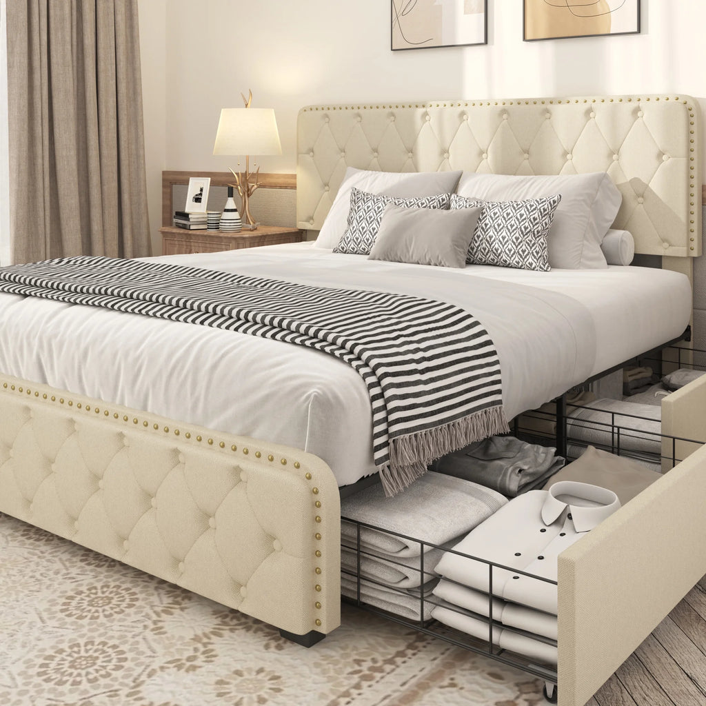 Queen Size Platform Bed Frame with 4 Storage Drawers P8374