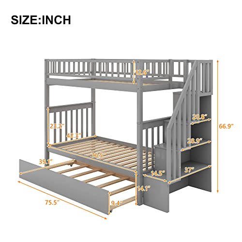 Gray Twin Over Twin Solid Wood Bunk Bed with Stairs and Trundle A438