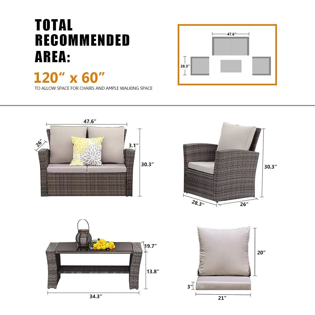 4 Pcs Brown Wicker Patio Conversation Sofa Set with Coffee Table B91999