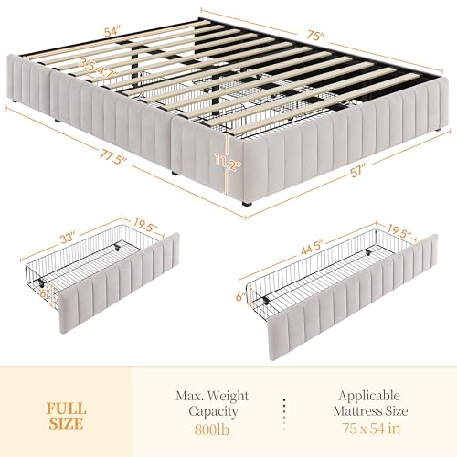 Beige Queen Upholstered Platform Bed Frame with 3 Storage Drawers L66232