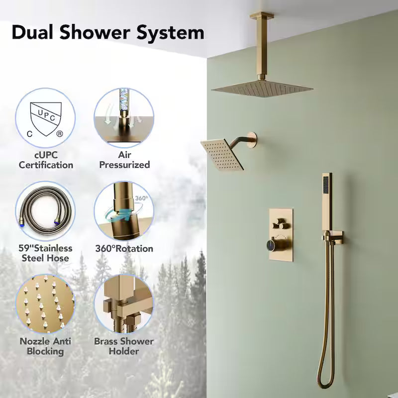 12 in. 6 in. Rainfall Wall and Ceiling Mount 2.5 GPM Fixed and Handheld Shower Head X5011