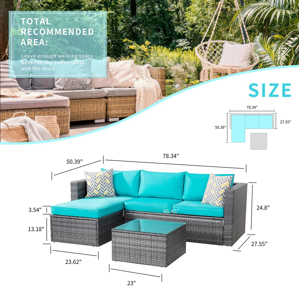 3 Piece Aegean Blue Black Rattan Wicker Sectional Sofa V611
