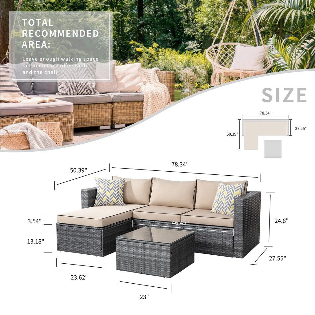 3 Piece Aegean Blue Black Rattan Wicker Sectional Sofa V611