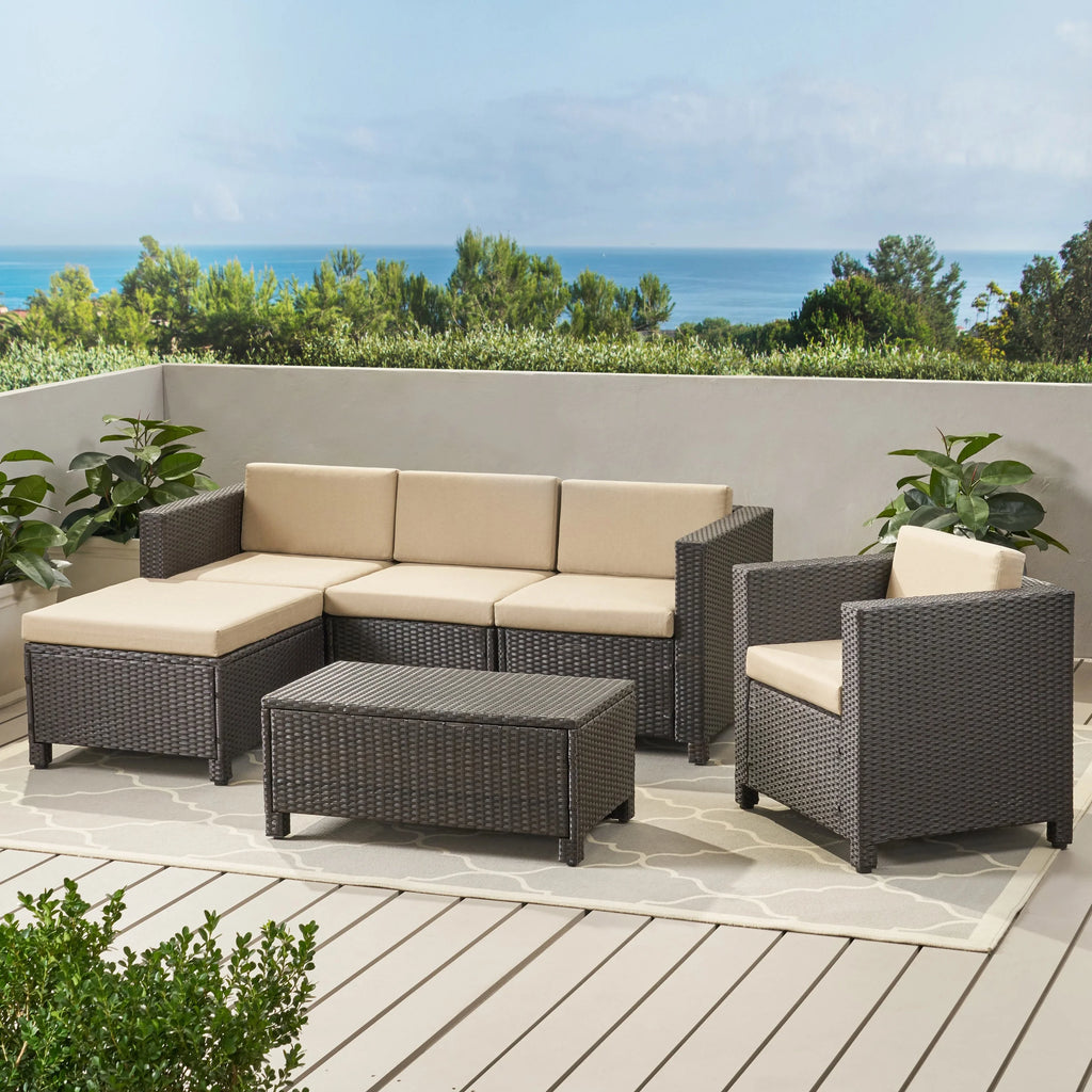 Brown and Beige Wicker L-Shaped Sectional Sofa Set T7661