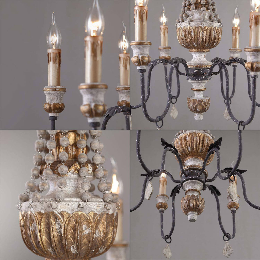 Retro Rustic 6-Light Wood Metal Crystal Candle Style Chandelier N52511