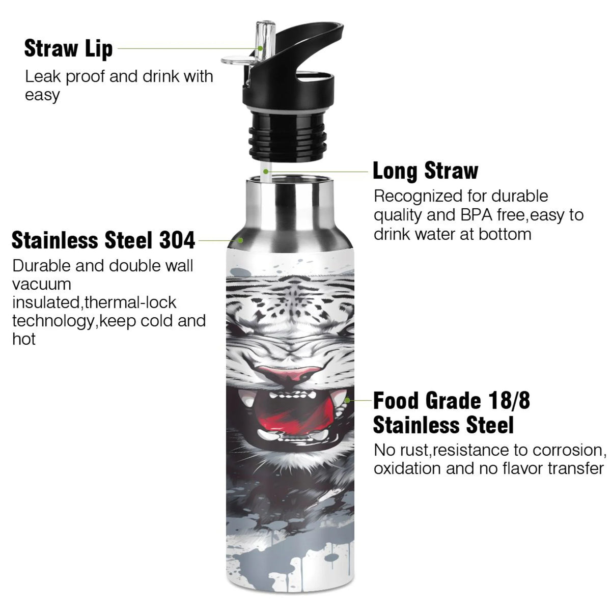 Black and White Stainless Steel Insulated Water Bottle with Straw Lid U3323