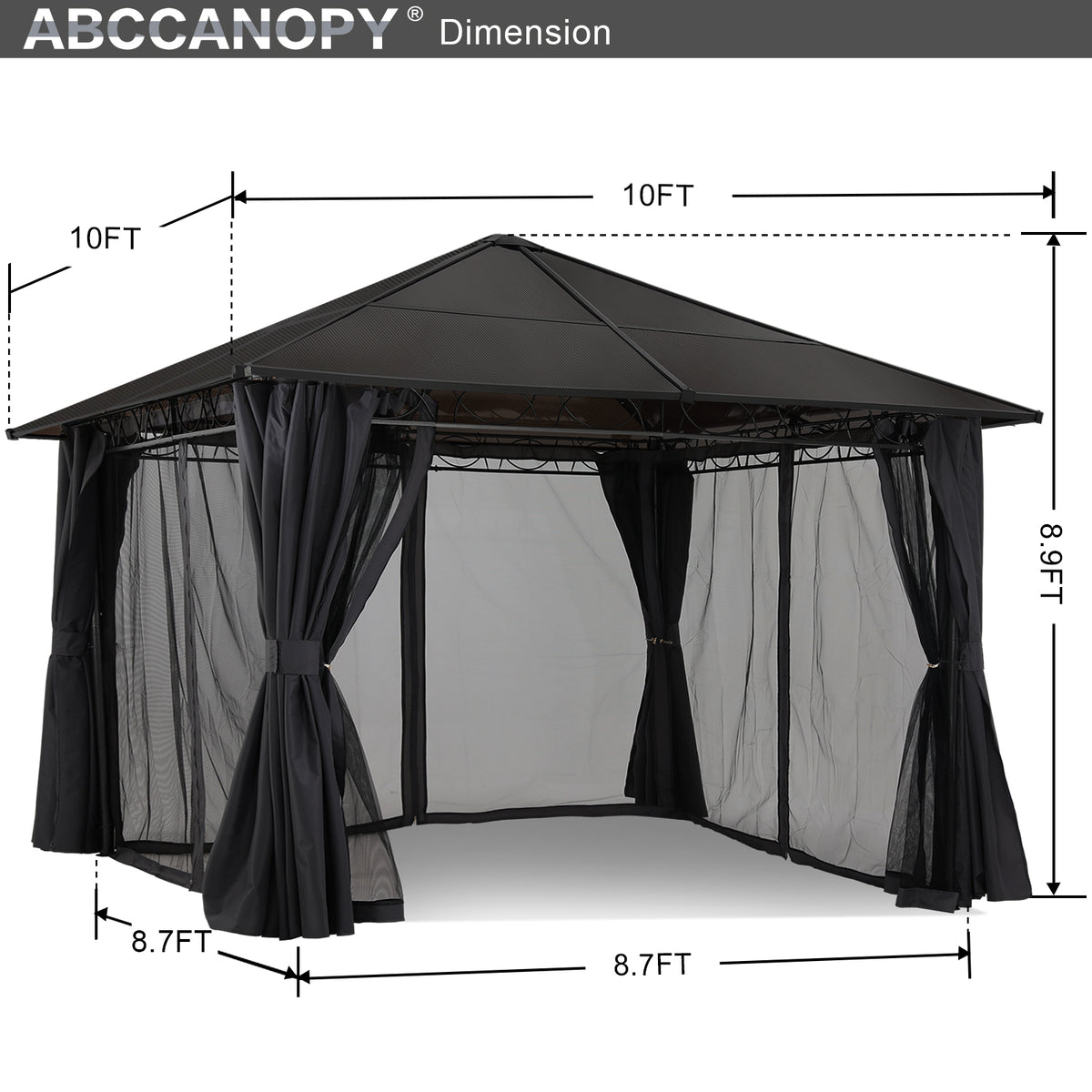 10x10 Hardtop Patio Gazebo with Netting and Screen Walls Curtains, Dark Gray W615