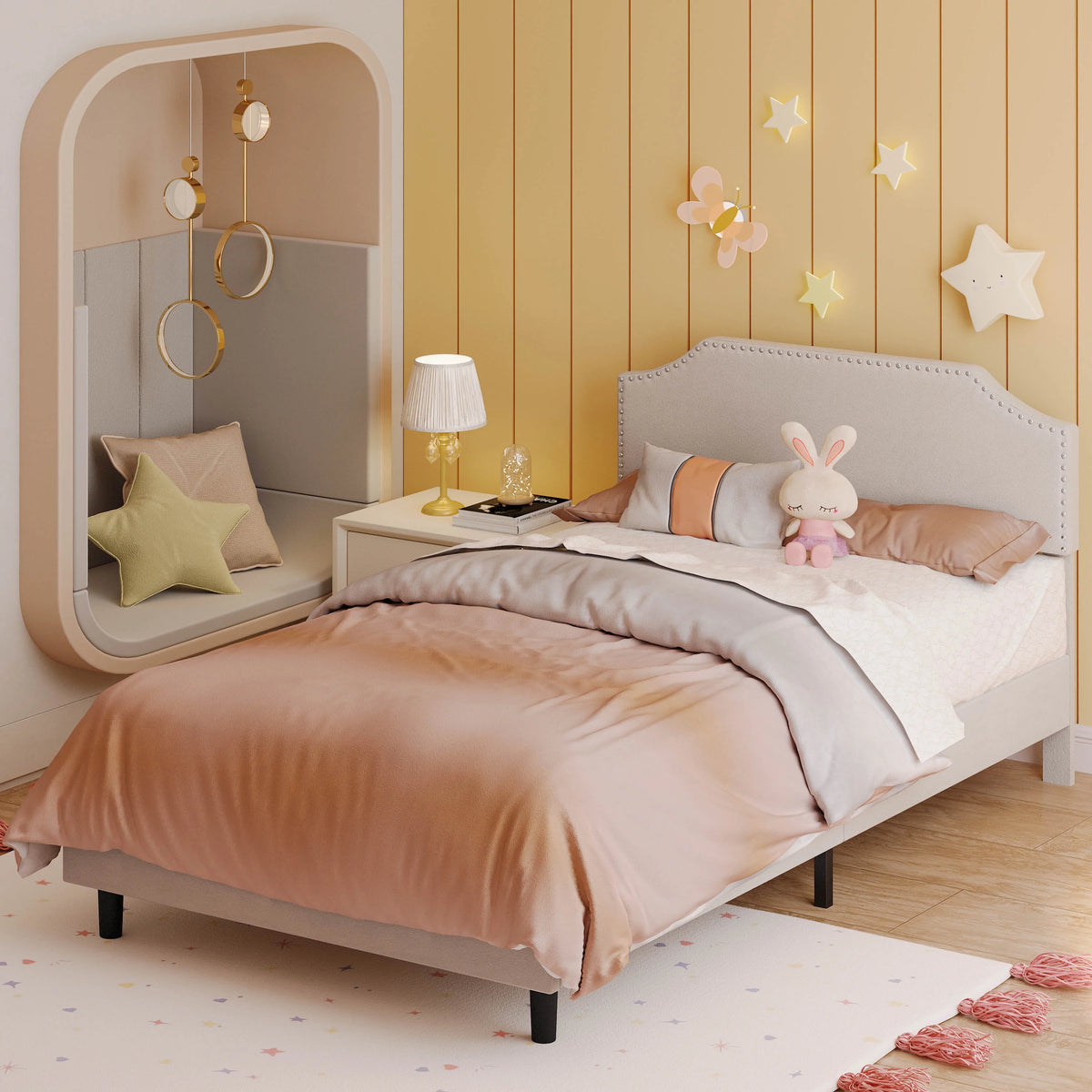 Upholstered Twin Bed Frame with Adjustable Headboard B23062