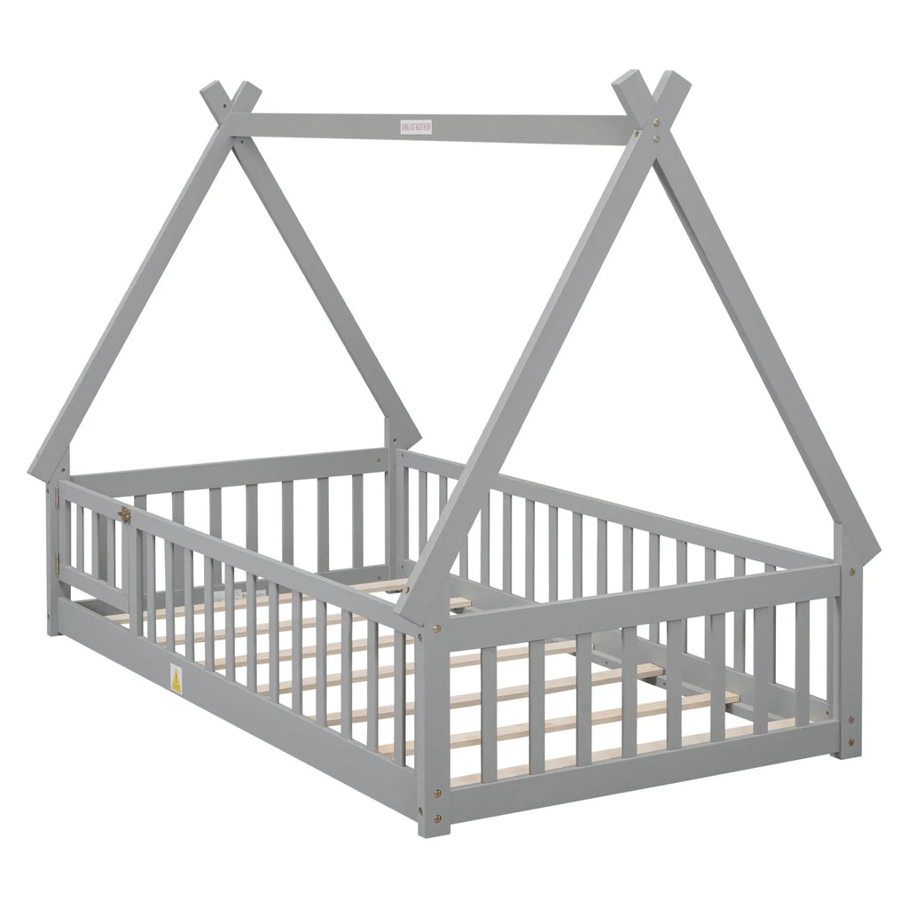 Twin Size Grey Wooden Floor Bed with Guardrail L353