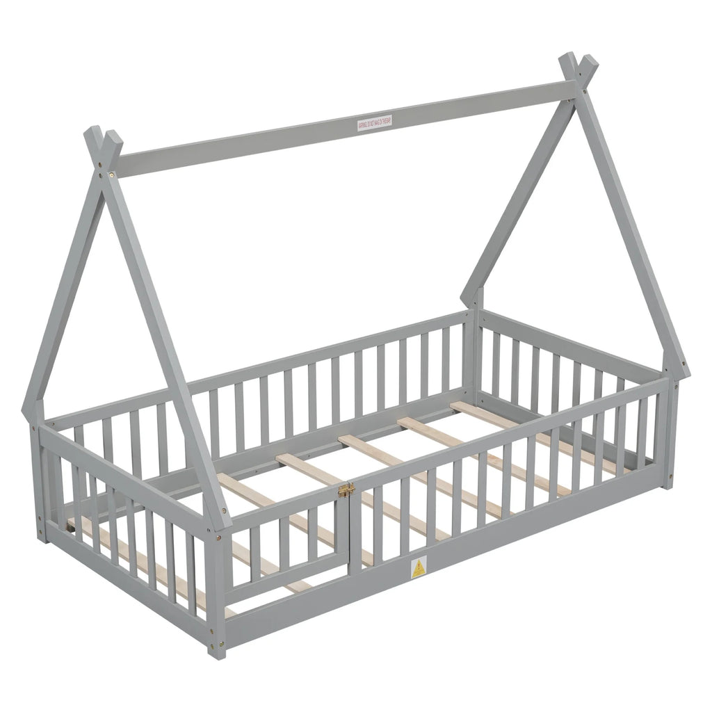 Twin Size Grey Wooden Floor Bed with Guardrail L353
