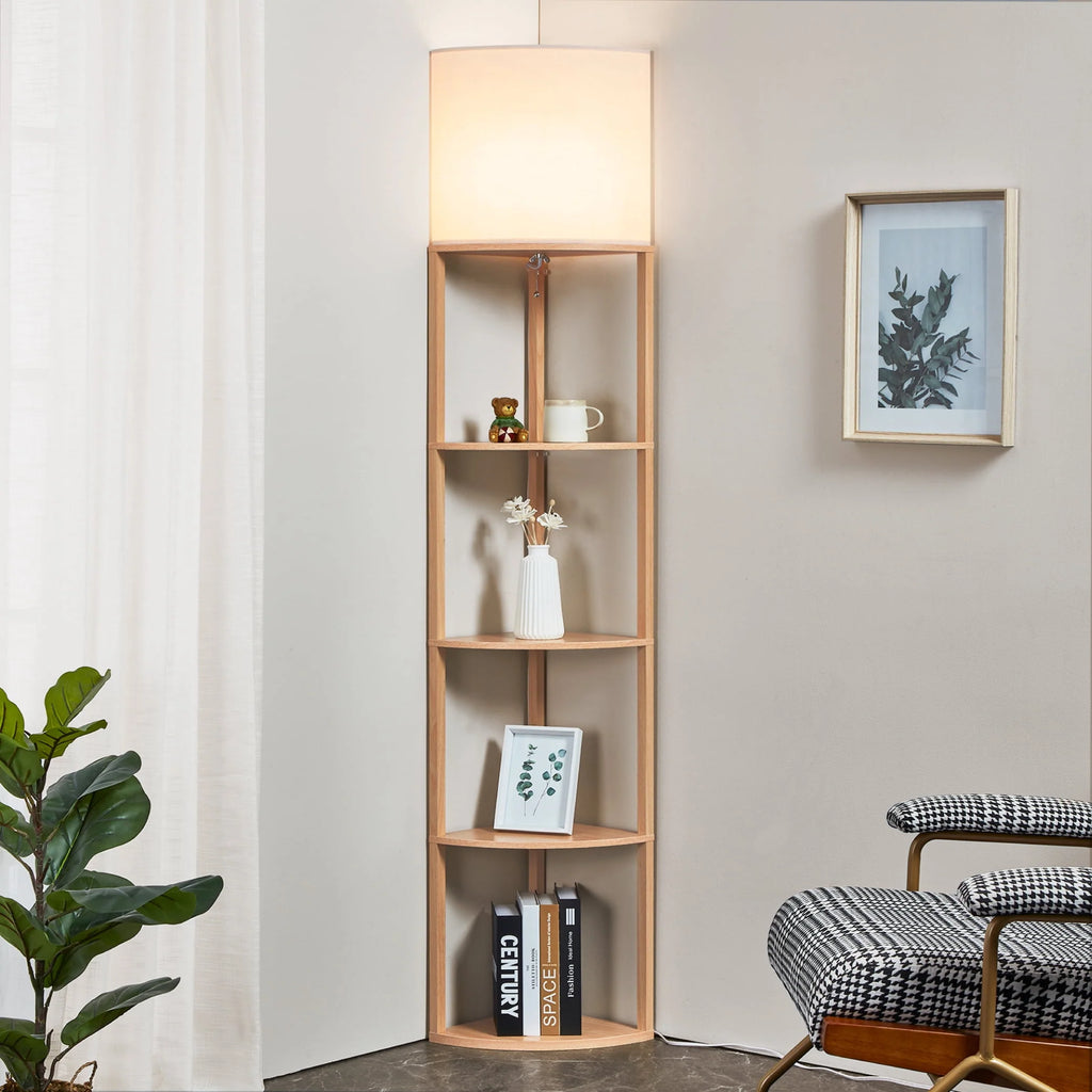 Tall Modern Corner Floor Lamp with Shelves, Natural Wood, 72 Z673050