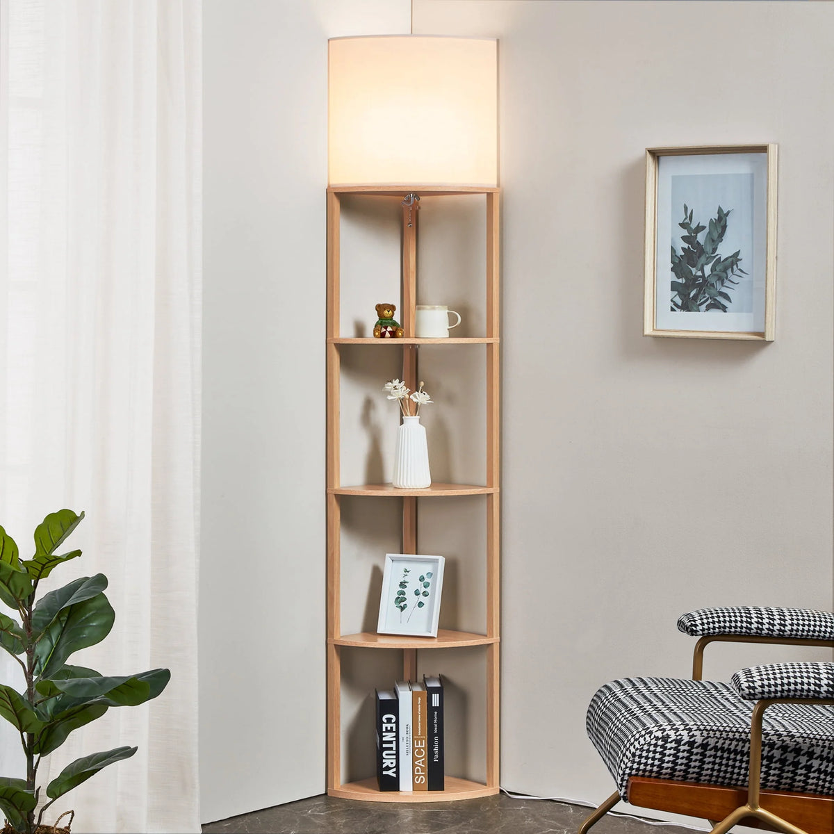 Tall Modern Corner Floor Lamp with Shelves, Natural Wood, 72 Z673050