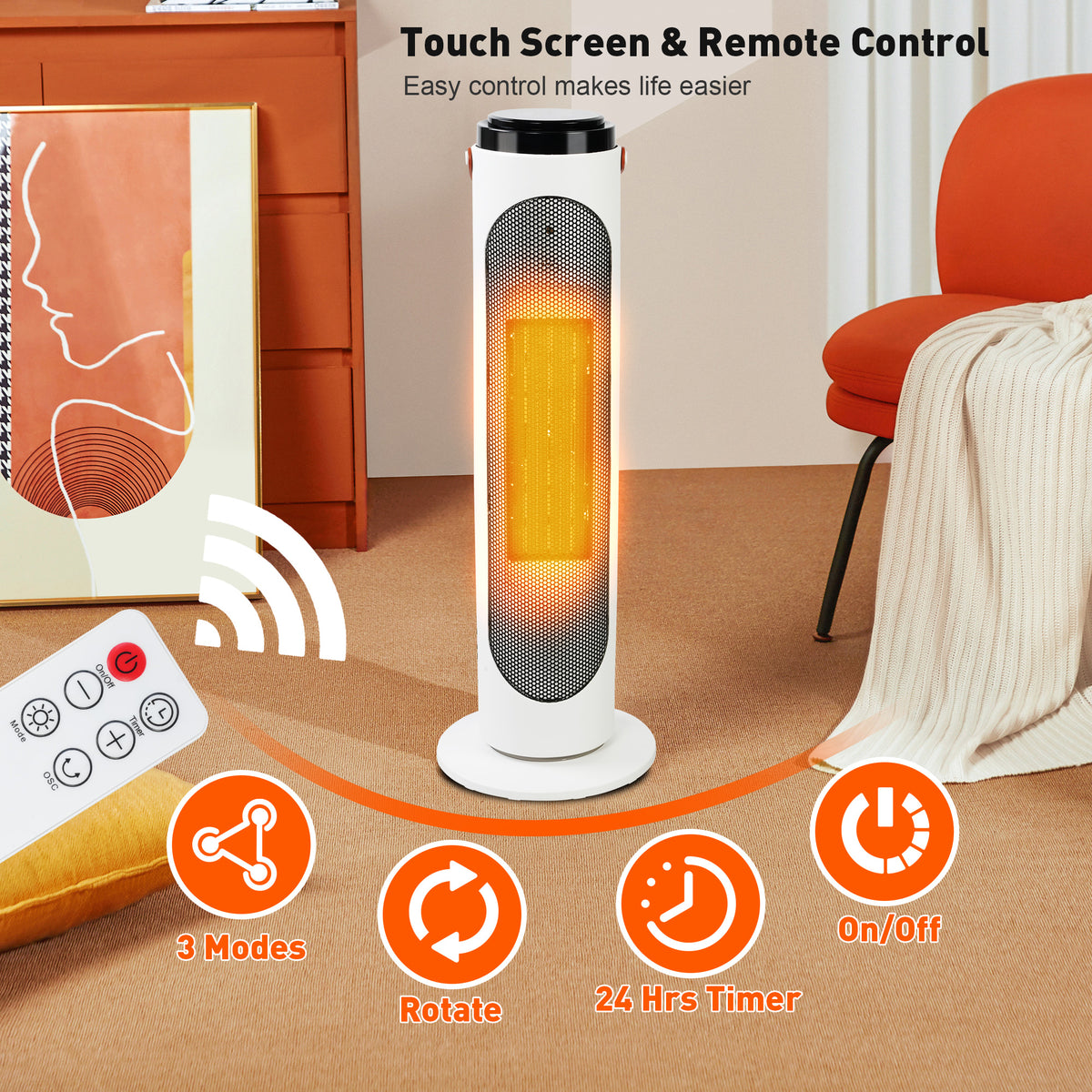 1500W PTC Oscillating Ceramic Space Heater with Remote, 24h Timer Q174378