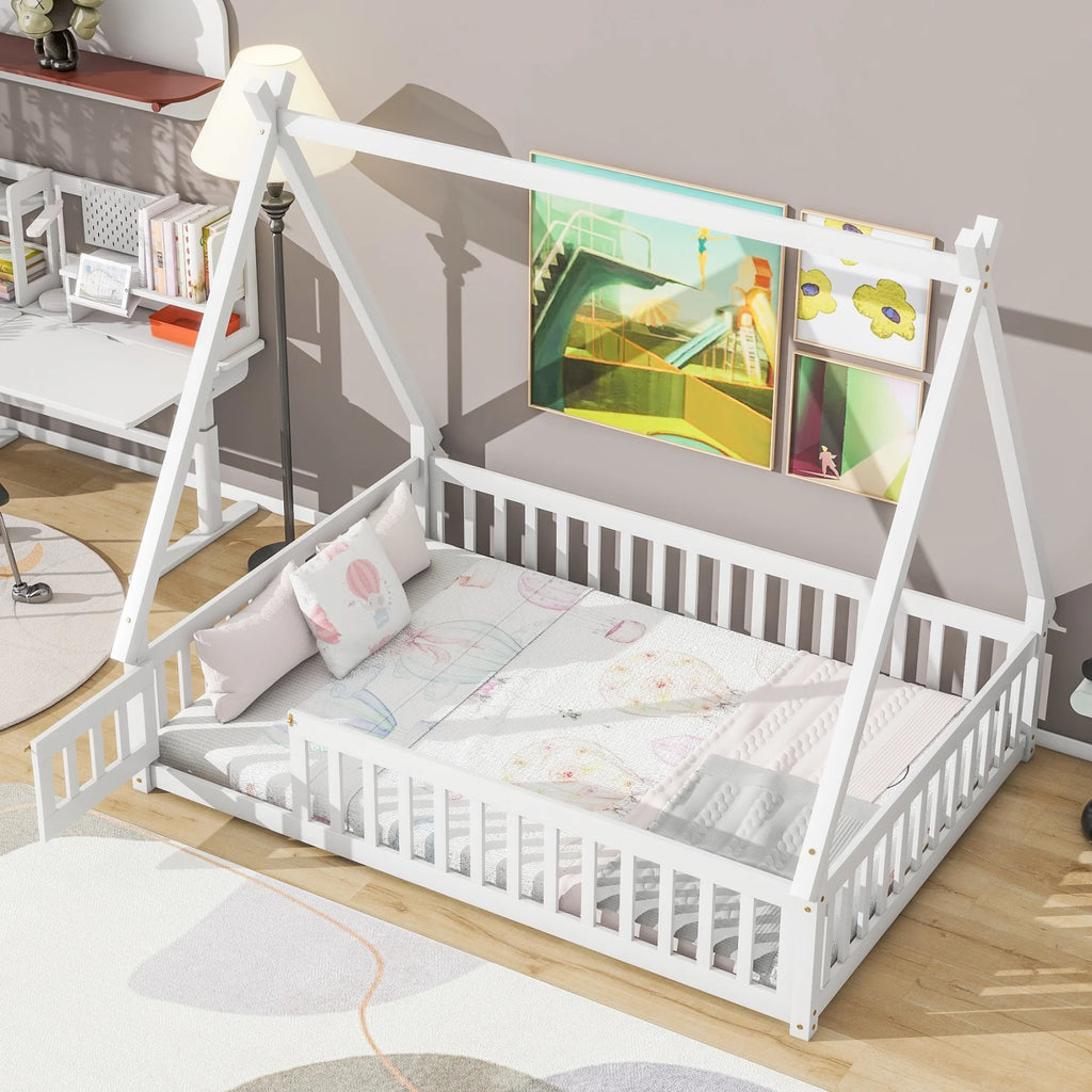 Twin Size Grey Wooden Floor Bed with Guardrail L353