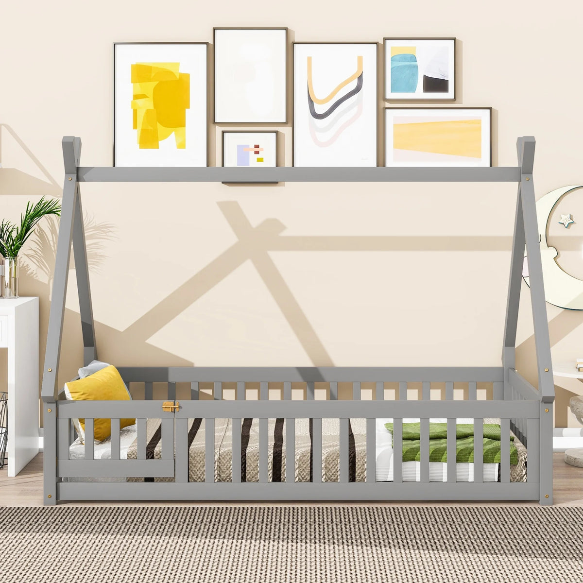 Twin Size Grey Wooden Floor Bed with Guardrail L353